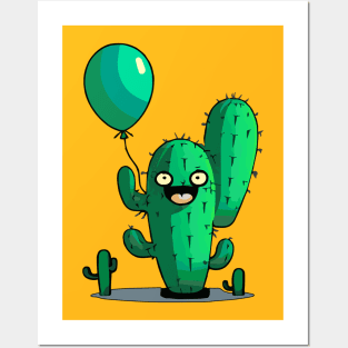 Cactus holding a balloon Posters and Art